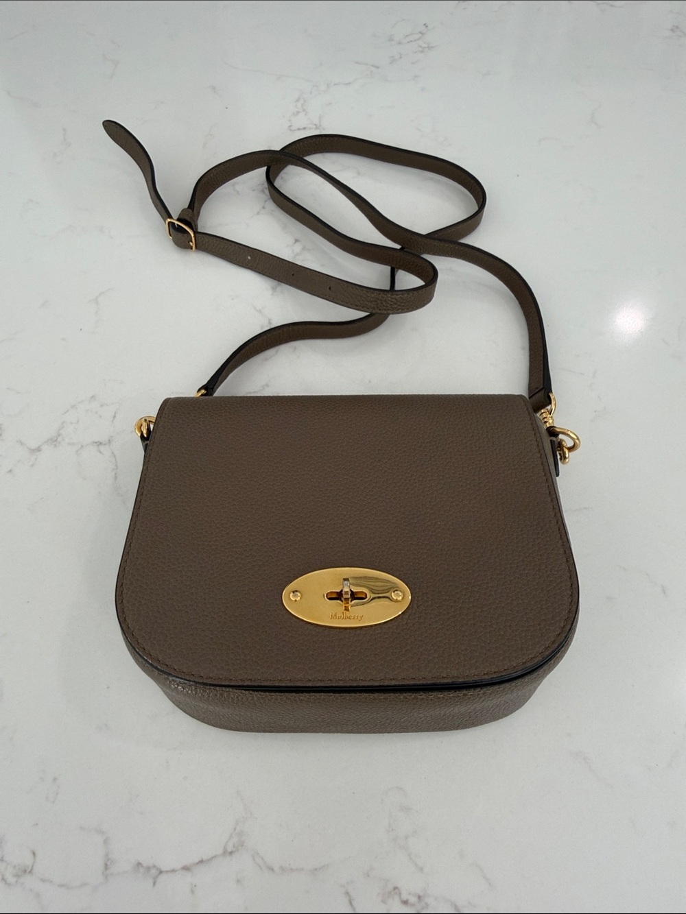 Taupe Mulberry Mini Leather Crossbody Bag with Gold Hardware